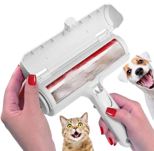 Reusable pet hair remover roller with self-cleaning base for dog and cat fur