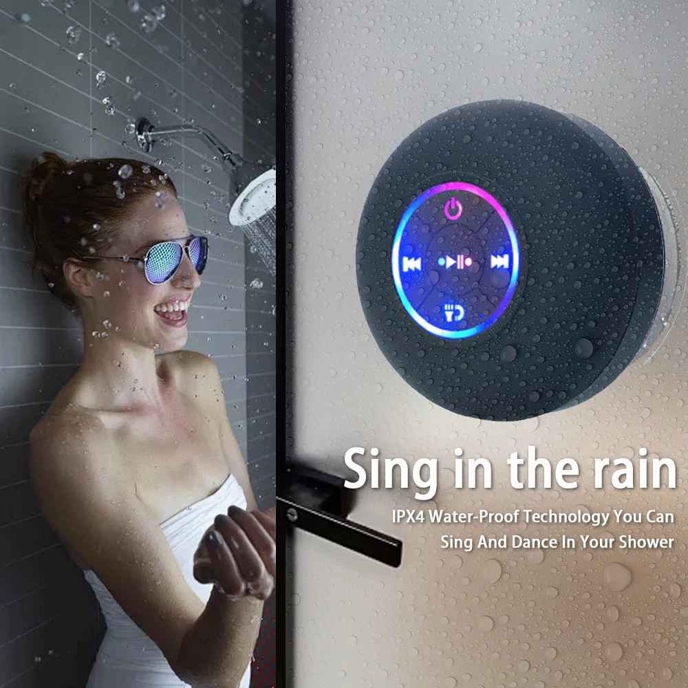 Bluetooth shower speaker with IPX4 waterproof rating and suction cup base