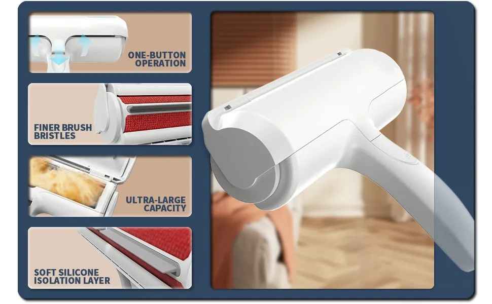 Portable pet hair remover with ergonomic handle and self-cleaning case