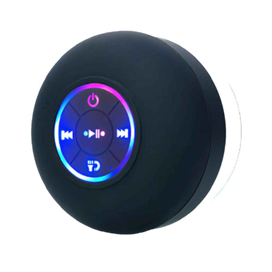 Portable waterproof Bluetooth speaker with LED lights and suction cup for shower use